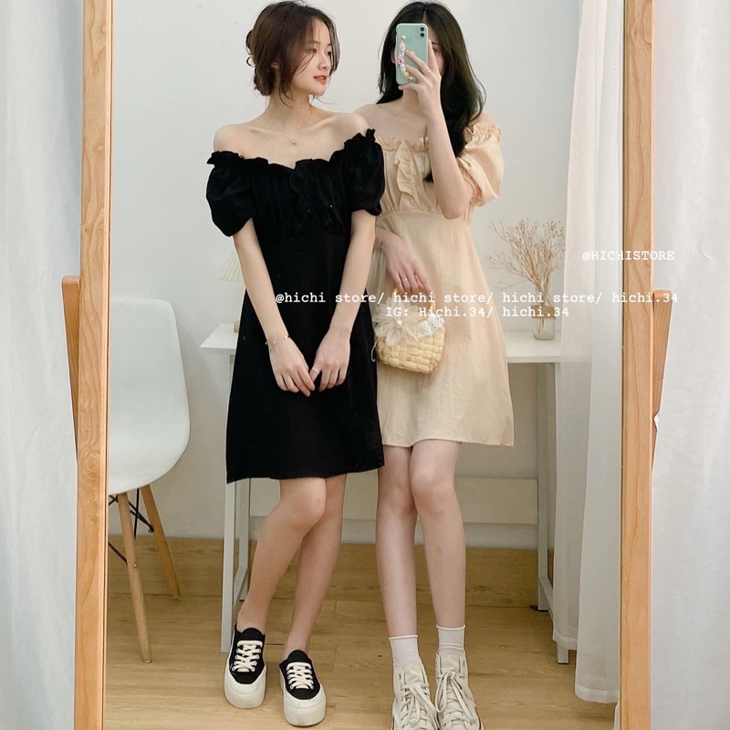 Váy trễ vai cổ bèo tay bồng chất đũi xước siêu mát