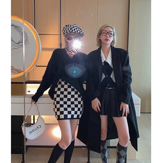 Chân váy dệt kim lưng cao dáng chữ A họa tiết kẻ caro đen trắng thời trang Hàn Quốc