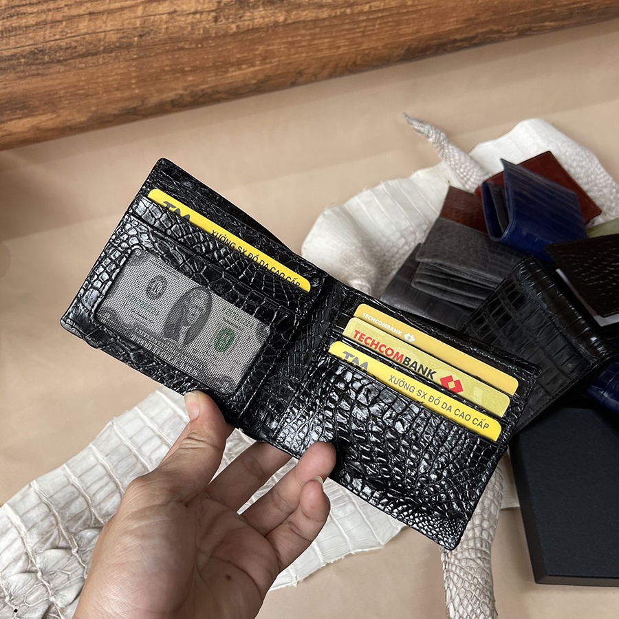 Bóp Ví Nam 2 Mặt Da Cá Sấu Thật Phần Da Bụng Trơn Màu Nâu Đen ST69 Tặng Kèm Hộp Và Móc Khóa Cá Sấu Bảo Hành Da 24 Tháng