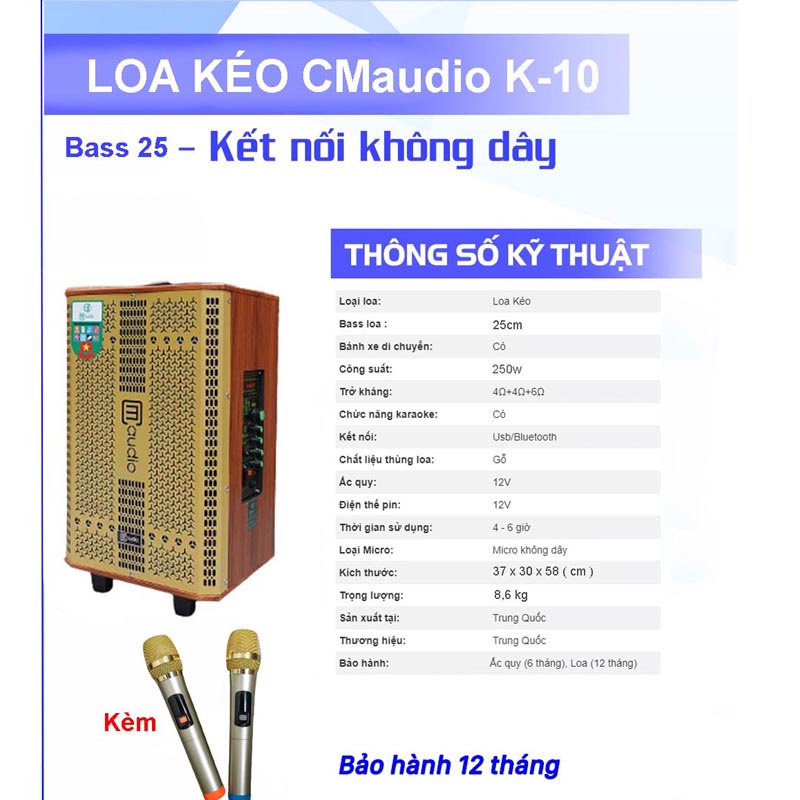 Loa kéo Karaoke Cmaudio K10 bass 25 | Loa kéo Bass căng Sâu, tặng 2 Micro thu âm Nhẹ | Bảo hành 12 tháng