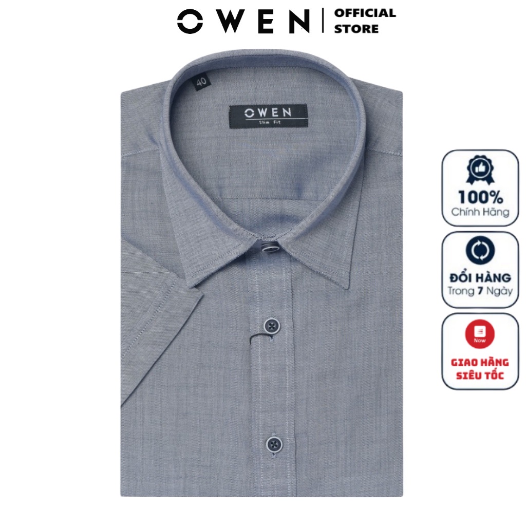 Áo Sơ Mi Nam Ngắn Tay OWEN AS220135N Somi Công Sở Cao Cấp Màu Oxford Navy Vải Sợi Tre Dáng Ôm Tà Lượn Không Túi