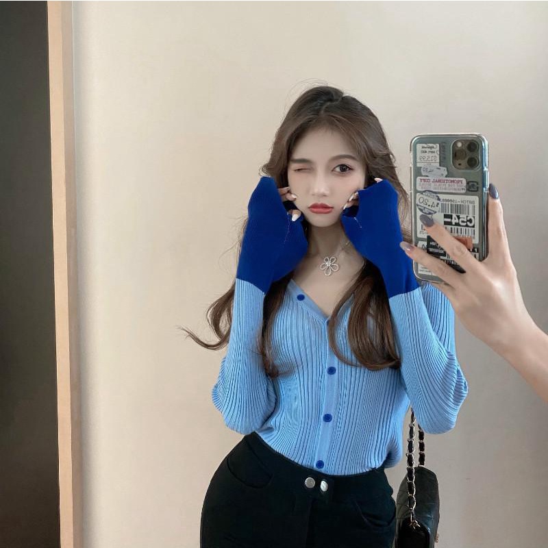 COZOK Áo len tay dài cổ chữ V màu sắc trẻ trung cho nữ