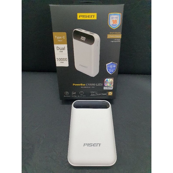 Pin Sạc Dự Phòng Pisen Power Box C10000 LED 10000mAh (Mini, Type-C & Micro, 2xUSB, LED) Trắng