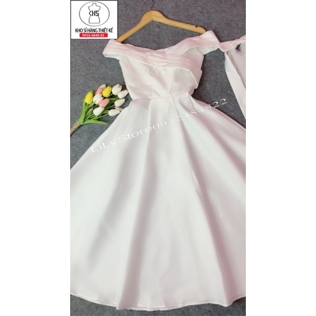 ĐẦM XOÈ MẶC CƯỚI BẸT VAI KÈM LÚP NƠ LƯỚI CÀI TÓC full size S/M/L/Xl