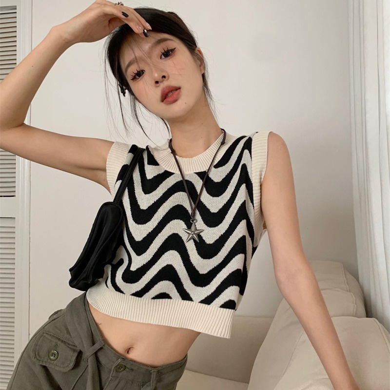 Áo Sweater Dệt Kim Sát Nách Mềm Mại Cổ Tròn Kẻ Sọc Gợn Sóng Kiểu Hàn Quốc Cho Bạn