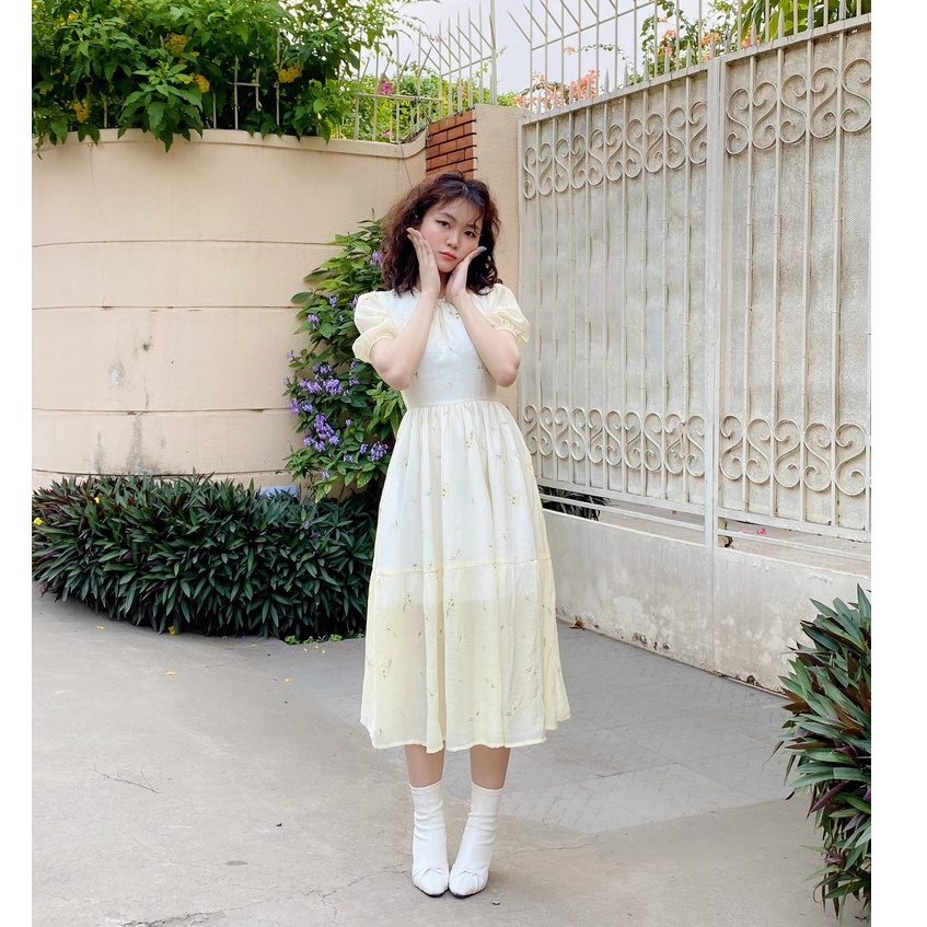 Đầm babydoll HEYBEE cổ tròn, chất vải voan tơ hoa màu vàng siêu xinh LILIUM BABYDOLL DRESS HT611 | BigBuy360 - bigbuy360.vn