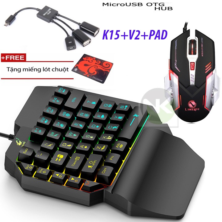 Combo Bộ Bàn Phím Giả Cơ 1 Tay FREE WOLF K15 + Chuột LED Nhiều Màu + Cổng OTG "MICRO"  ( Tặng Thêm Lót Chuột ) - NK | BigBuy360 - bigbuy360.vn