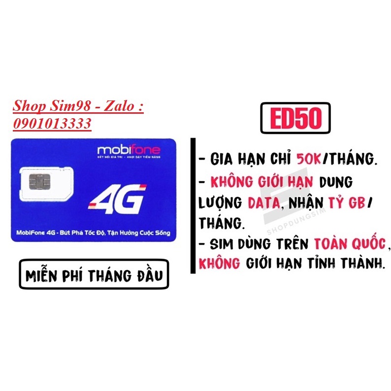 Sim Mobfione 4G gói DIP50 , ED50 - KHÔNG GIỚI HẠN DUNG LƯỢNG DATA - List số đẹp