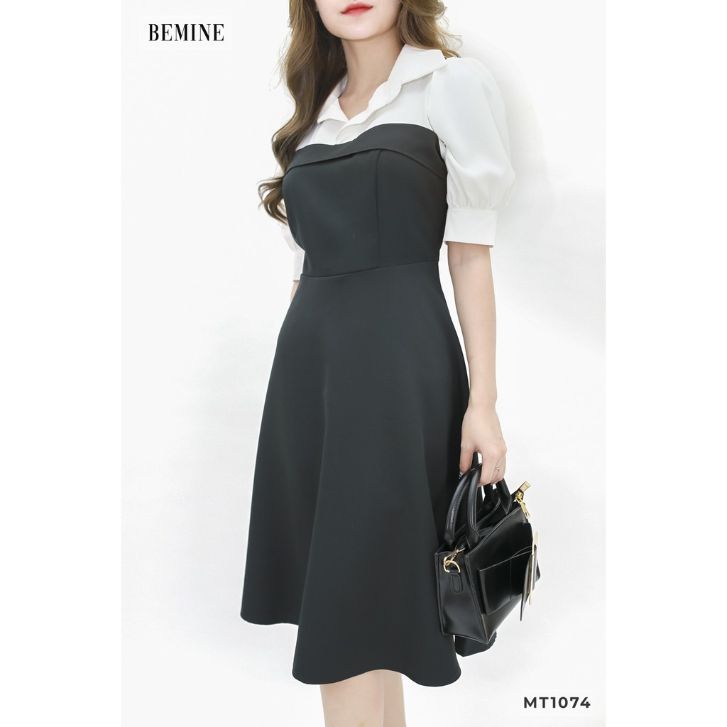 Đầm xòe nữ phối đen tay phồng phối trắng BEMINE MT1074DEN150 | BigBuy360 - bigbuy360.vn
