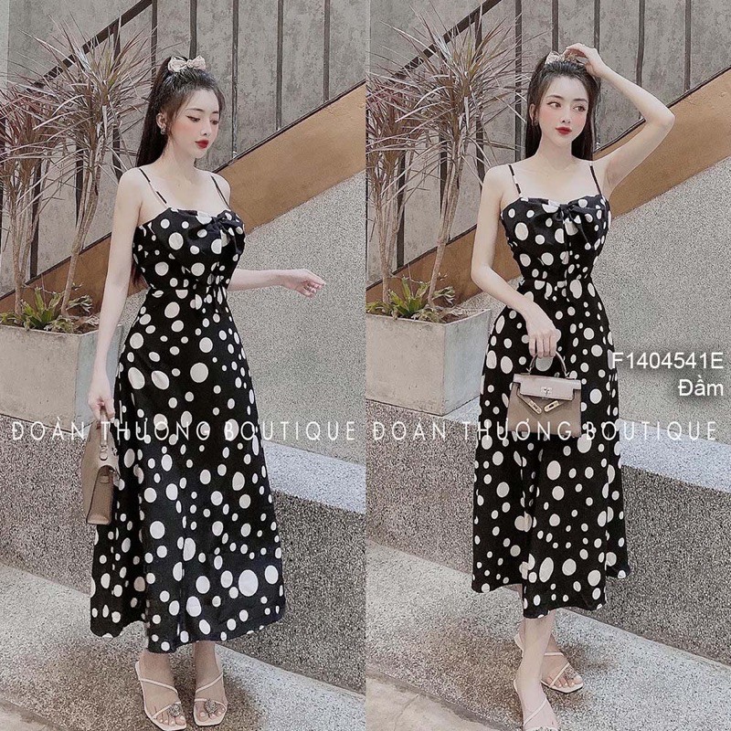 Đầm maxi chấm bi dáng xòe phối nơ ngực 2 dây! | BigBuy360 - bigbuy360.vn