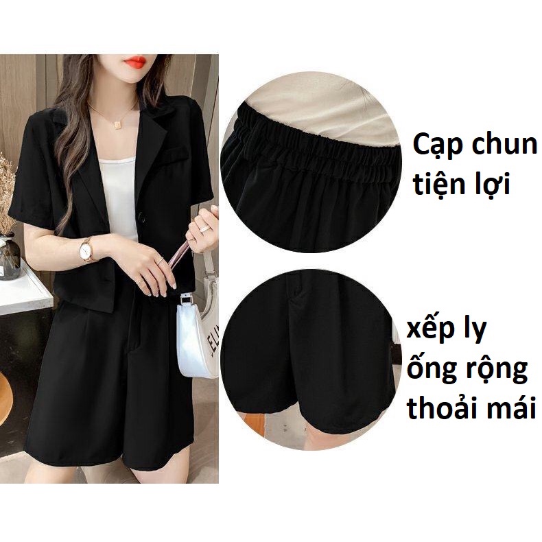 Set đồ bộ nữ quảng châu bao gồm áo khoác vest ngắn dáng croptop và quần short lưng chun ống rộng thoải mái form cực đẹp