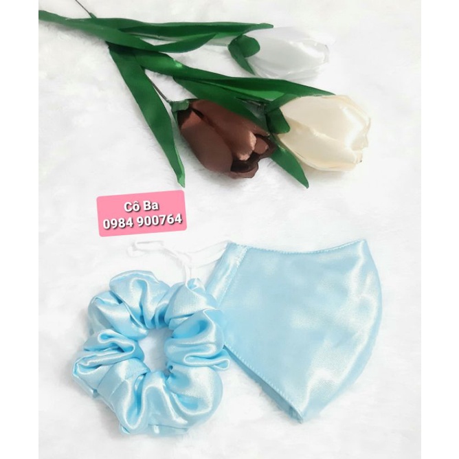 Combo khẩu trang vải lụa kèm cột tóc
