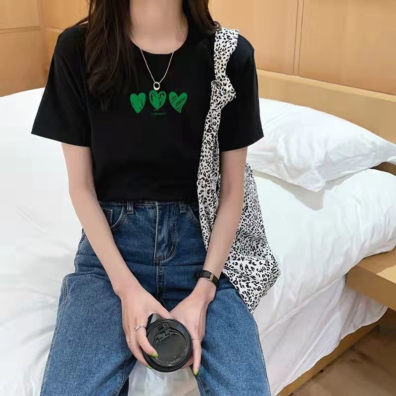 Áo Thun Cotton Trắng Tay Ngắn Dáng Rộng In Hình Trái Tim Thời Trang Cho Nữ