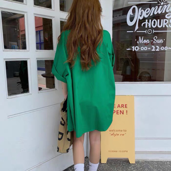Áo Sơ Mi Nữ Labobo Áo Sơ Mi Nữ Kiểu Dáng Oversize Form Rộng Tay ngắn Vintage Đẹp Kiểu Hàn Quốc xanh