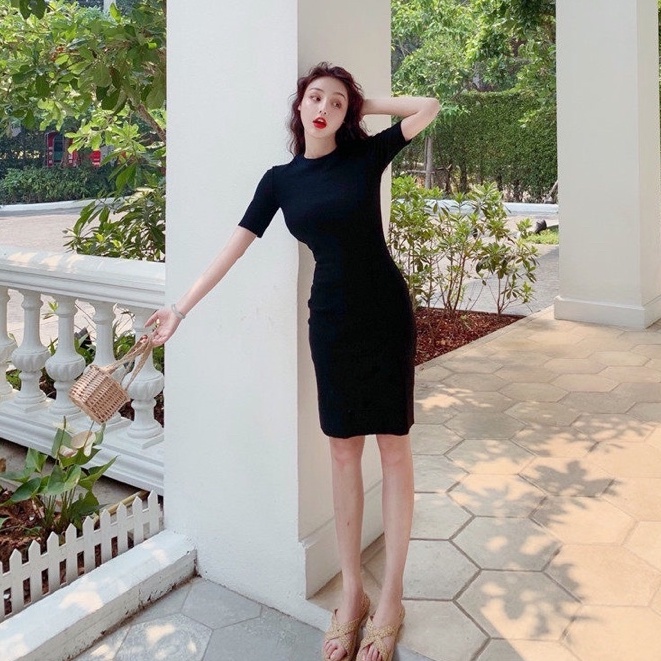 Váy body polo nữ dệt kim trơn nhiều màu tay ngắn cổ tròn co dãn 4 chiều - Váy xinh đầm đẹp Quảng Châu cao cấp | BigBuy360 - bigbuy360.vn