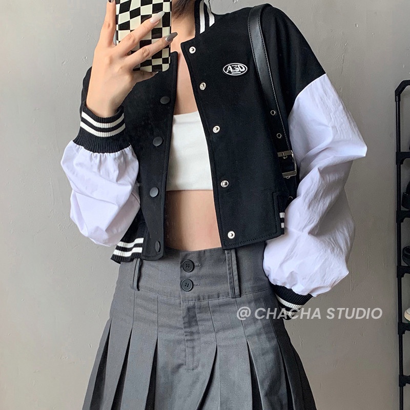 CHACHA｜Áo Khoác Bomber Tay Dài Dáng Rộng Màu Sắc Tương Phản Thời Trang Cho Nữ