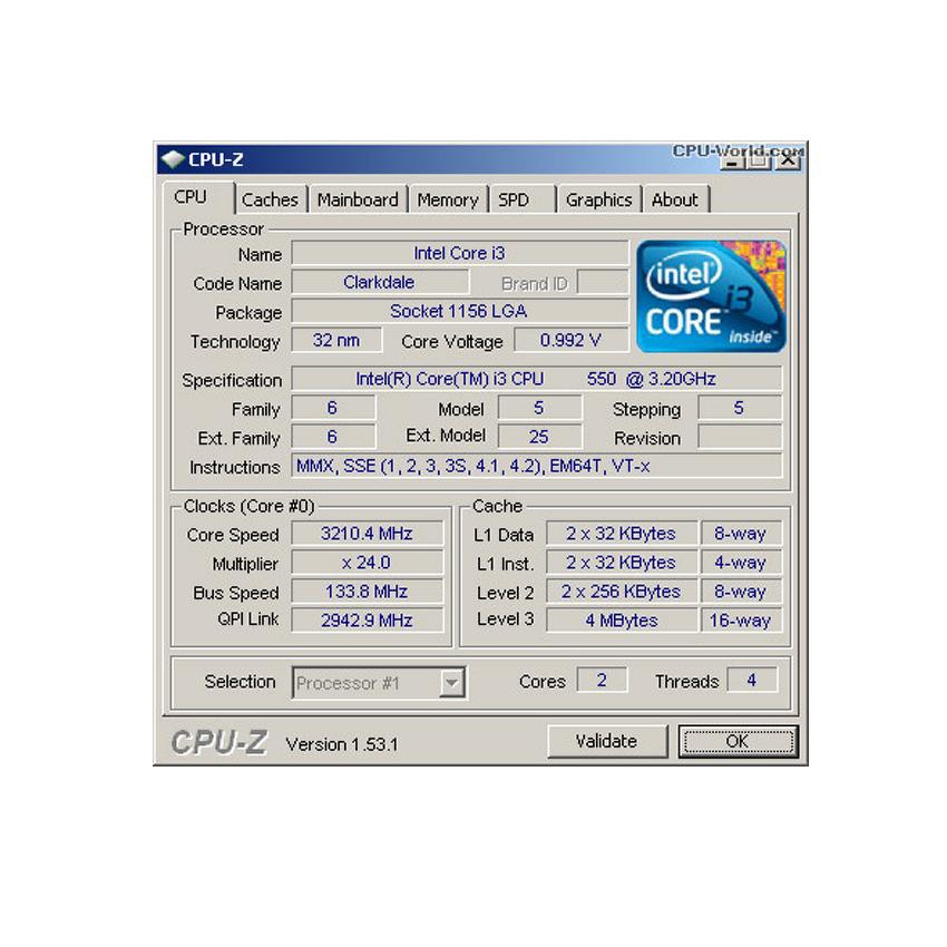 Bộ vi xử lý Intel Core i3 2100 3.1GHz (2 lõi, 4 luồng), Bus 1066/1333MHz, Cache 3MB...