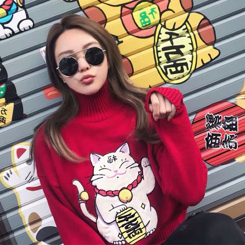 ❤️Áo Len Mèo Thần Tài Cổ Cao Màu Đỏ May Mắn