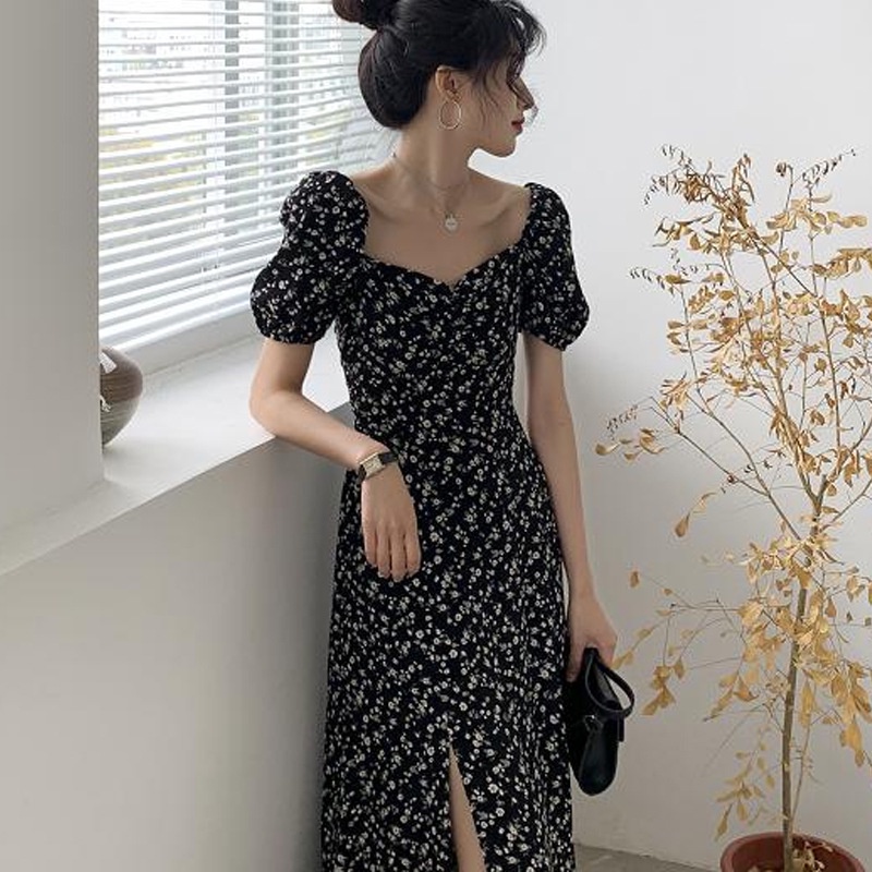 Đầm nữ xinh🎀FREESHIP🎀Váy đen hoa nhí dáng dài cổ vuông xẻ tà phong cách trẻ trung