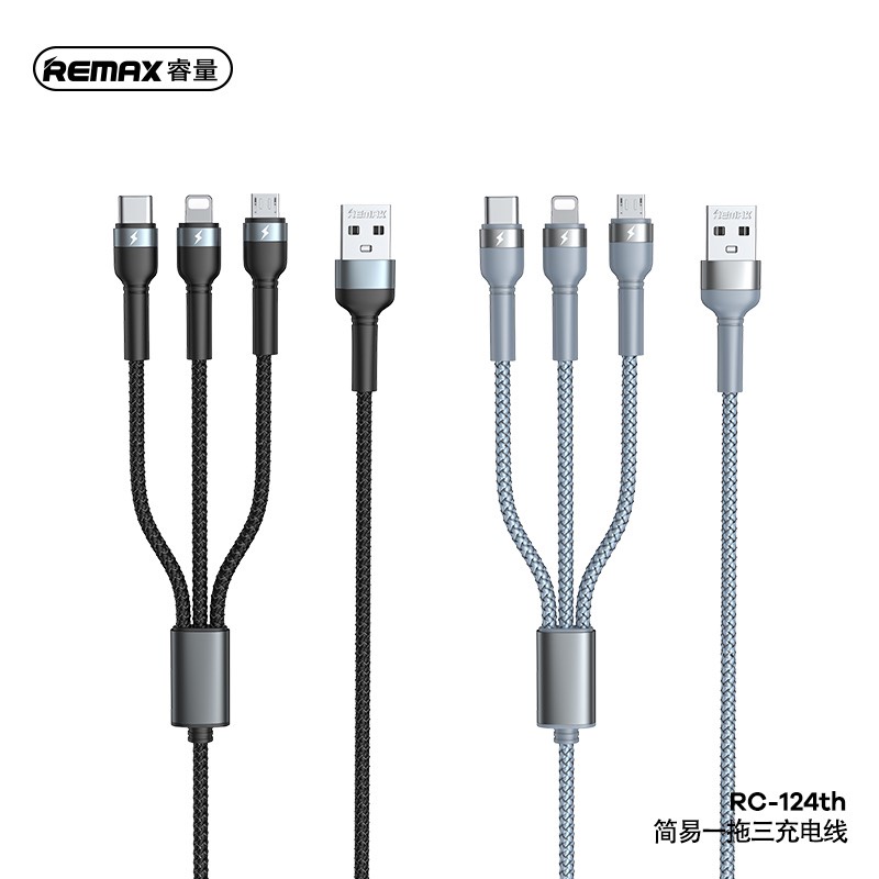 Cáp sạc nhanh đa năng Remax 3 In 1 Rc-124th Dây Bọc Dù, cáp sạt nhanh điện thoại 3 đầu cho các đời điện thoại