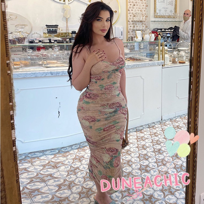 DUNEA Đầm Hai Dây Hở Lưng In Hoa Xinh Xắn Cho Nữ