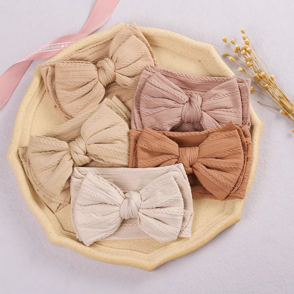Turban/Băng đô vải gân trơn 2 lớp siêu êm đính nơ bản lớn nhiều màu pastel xinh xắn cho bé không gây đau tóc