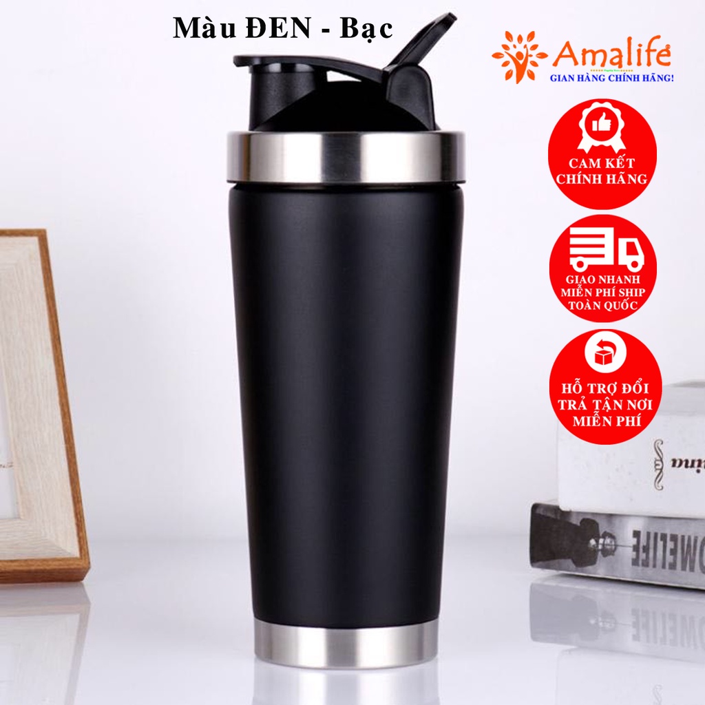 [Màu ĐEN Bạc] Bình Lắc Shaker Đựng Nước Inox 800ml – Màu Đen Bạc - Tập Gym Thể Thao Chính Hãng Amalife – Kèm Bóng Lò Xo