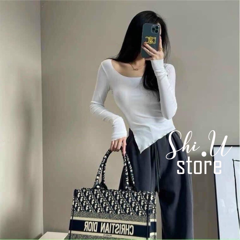 Áo Thun Dài Tay Nữ Xẻ Tà Vạt Lệch Áo Phông Tay Dài Cổ Bèo 3 Màu