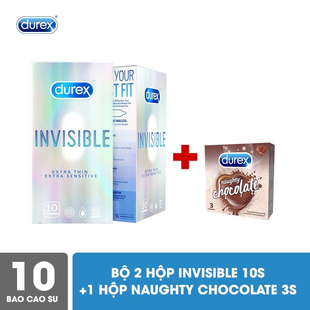 Bộ 2 Bao cao su Durex Invisible (10 bao/hộp) + Tặng 1 hộp Durex Naughty Chocolate (3 bao/hộp)