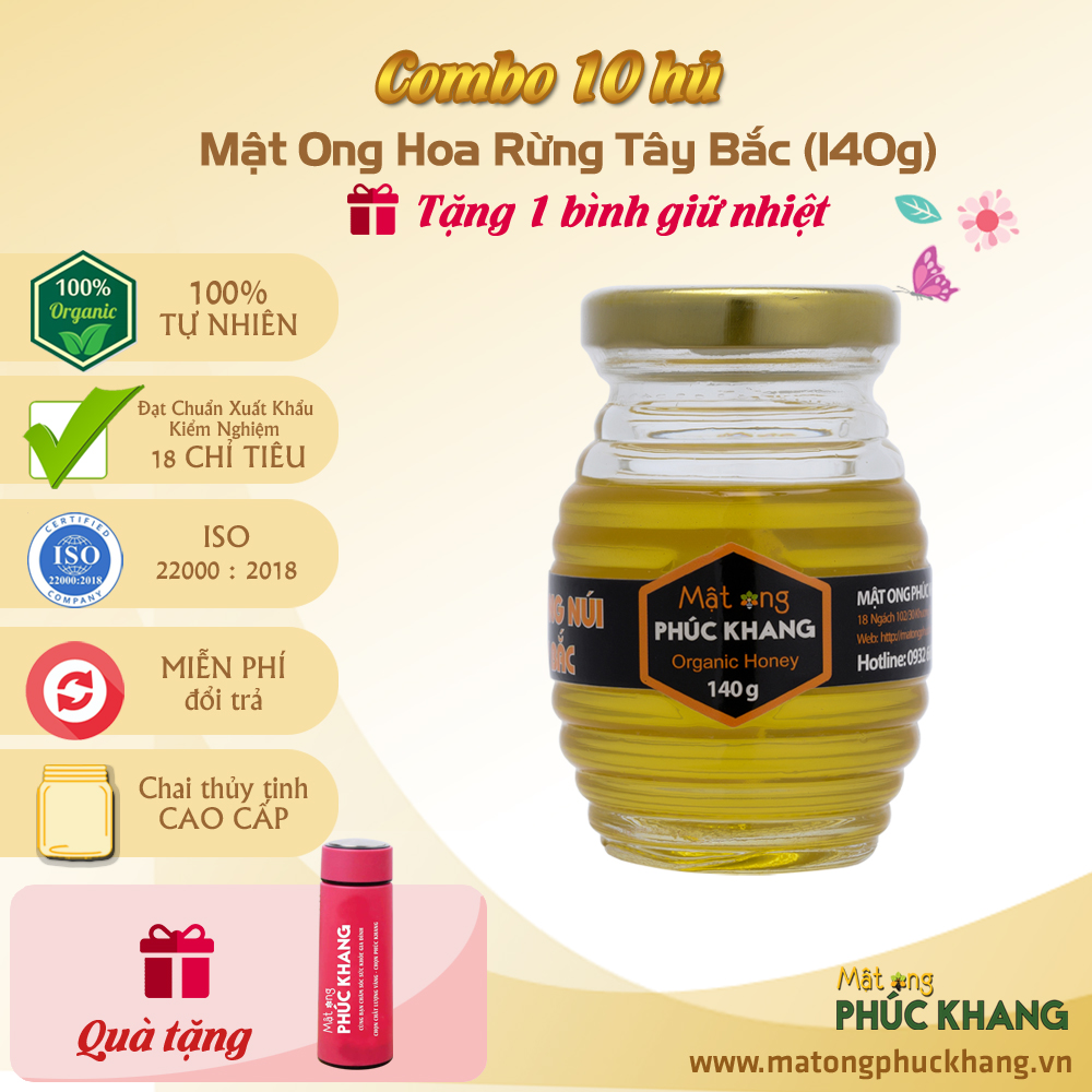 Mật ong rừng tây bắc Phúc Khang 140G - Combo 10 Hũ thủy tinh cao cấp - - ISO 22000  - Không kháng sinh