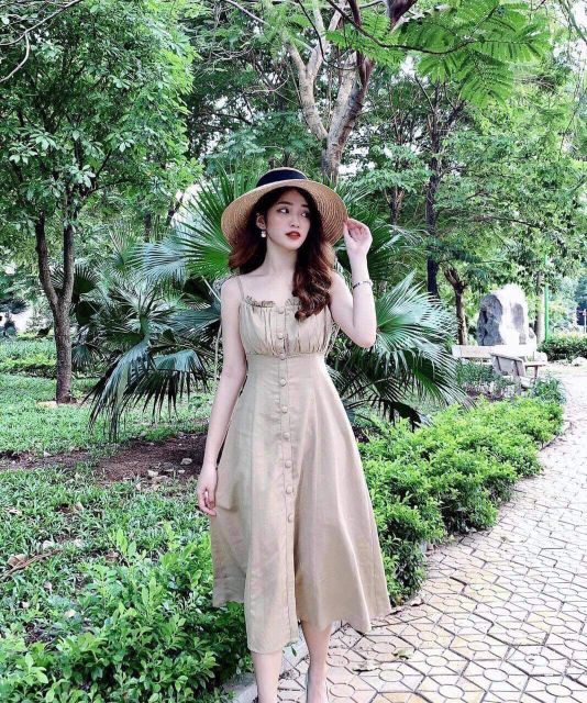 Đầm maxi 2 dây xếp li đi biển vintage