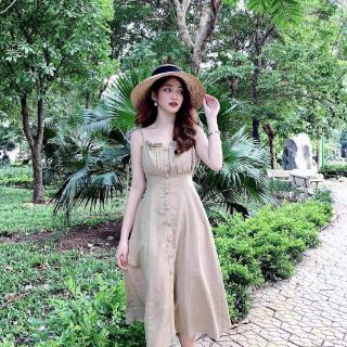 Đầm maxi 2 dây xếp li đi biển vintage