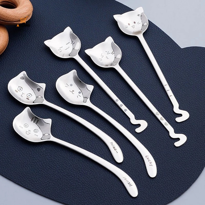 1 Muỗng cà phê tay cầm dài hình mèo đuôi dài bằng thép không gỉ xinh xắn