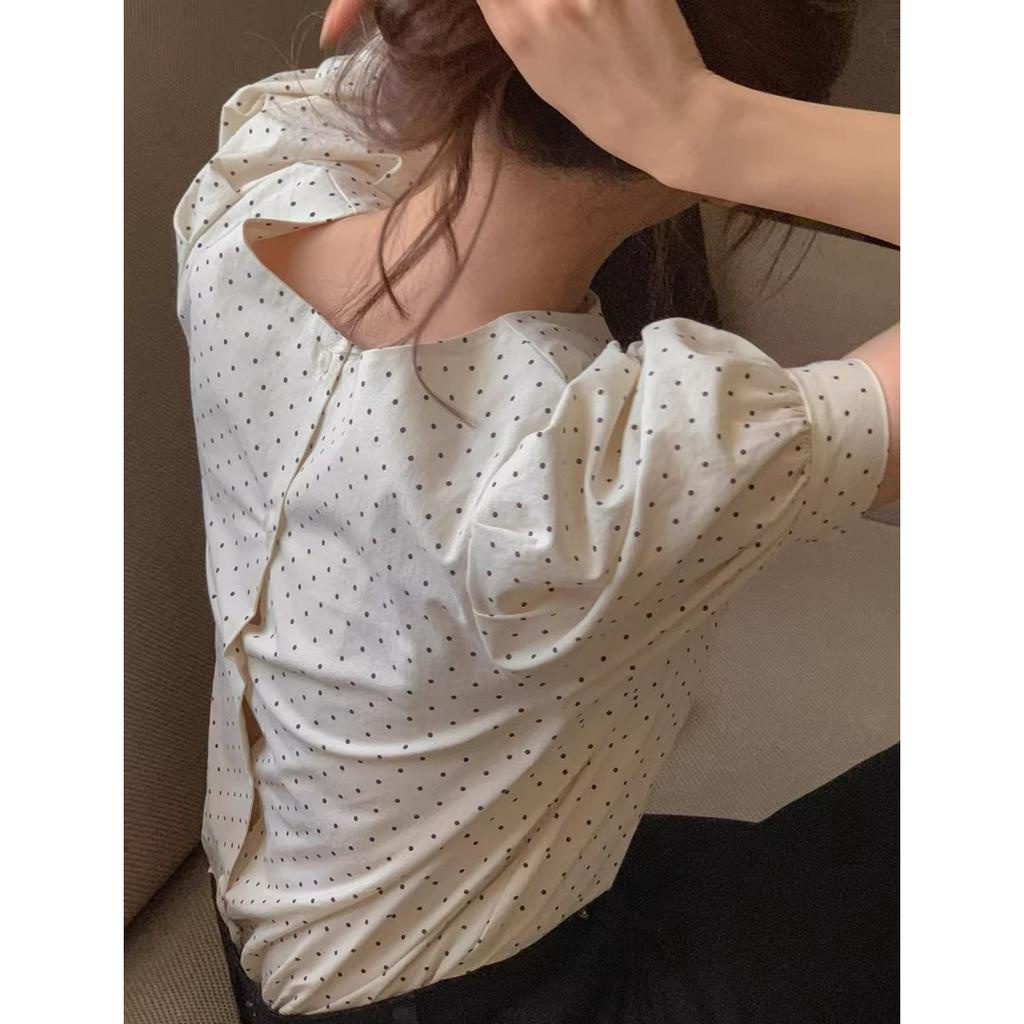 Xiaozhainv Áo Sơ Mi Tay Ngắn Cổ Tròn Họa Tiết Chấm Bi Phong Cách Hàn Quốc Ngọt Ngào Thời Trang Mùa Hè Cho Nữ