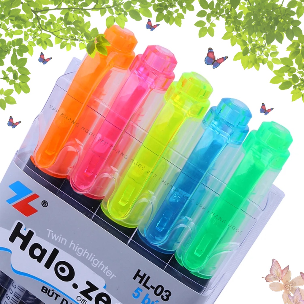 Vỉ 5 Bút Dạ Quang 2 Đầu Halo-zee HL03 Màu Vàng, Xanh Lá, Xanh Dương, Hồng, Cam