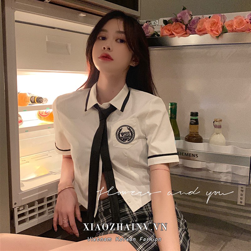Xiaozhainv Bộ áo sơ mi tay ngắn + chân váy kẻ sọc caro lưng cao thời trang cho nữ