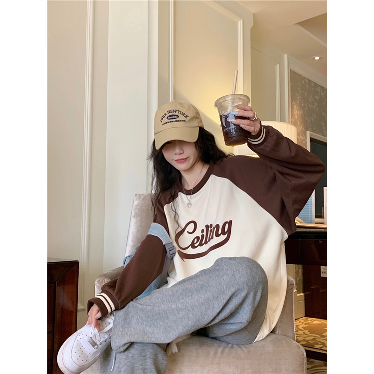 Áo Sweater Cổ Tròn Tay Dài Dáng Rộng In Chữ Kiểu Retro Mỹ Thời Trang Cho Bạn Gái