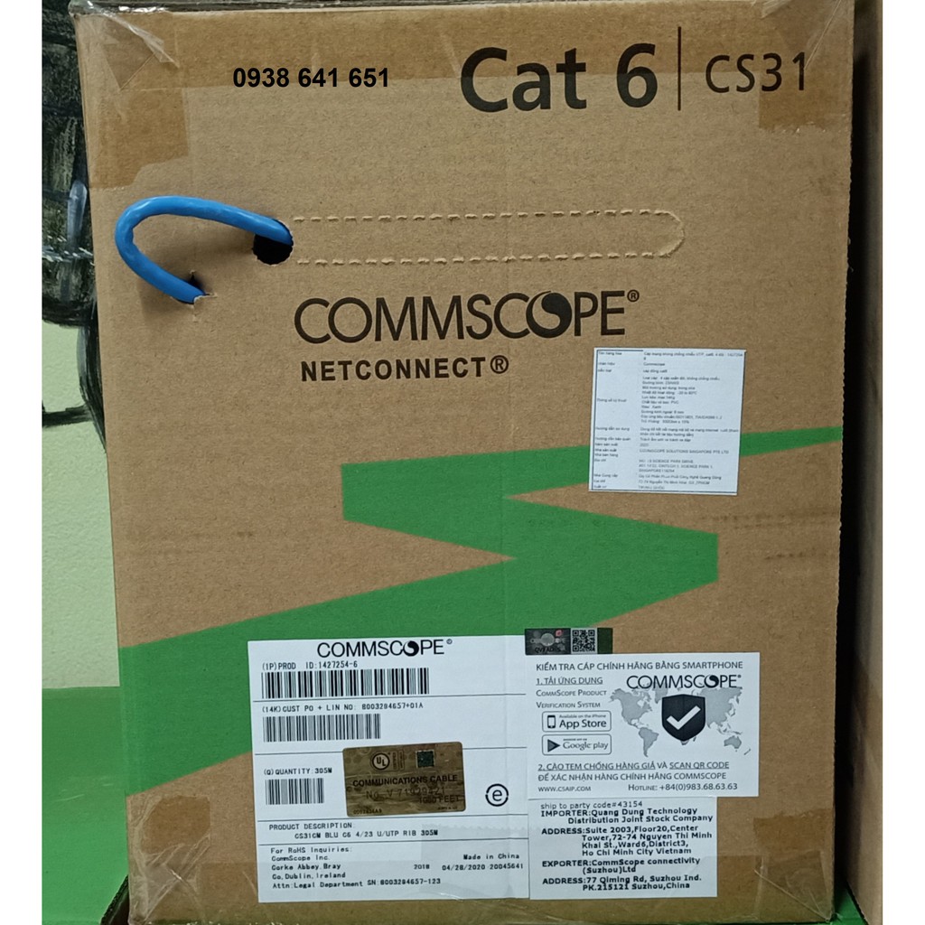 Dây cáp mạng Cat6 AMP  UTP màu xanh 1427254-6 hoặc 1427071-6 có CO, CQ. Hàng chính hãng