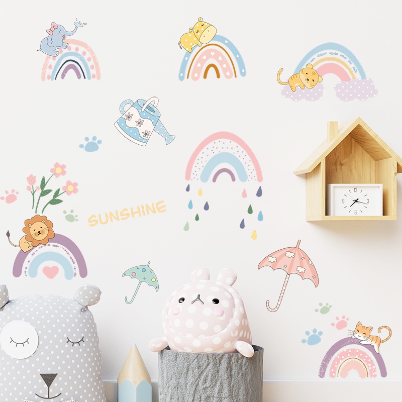 Miếng Dán Tường Trang Trí Phòng Trẻ Em Mẫu Giáo Tự Dính Hình Cầu Vồng Hoạt Hình Bằng PVC Mới