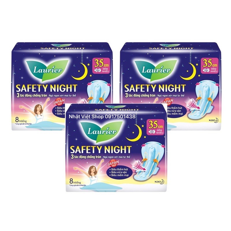 Combo 3 gói Băng Vệ Sinh Ban Đêm Laurier Safety Night chống tràn [35cm-8M]