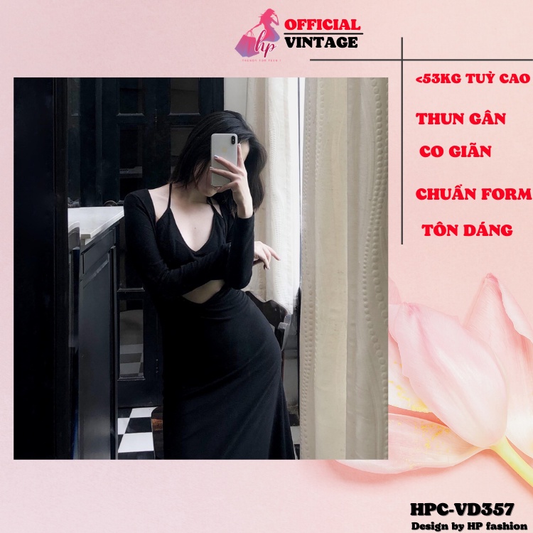 Set đầm body hở bụng dáng dài kèm áo 2 dây thun gân màu đen kiểu hàn quốc tôn dáng VD357