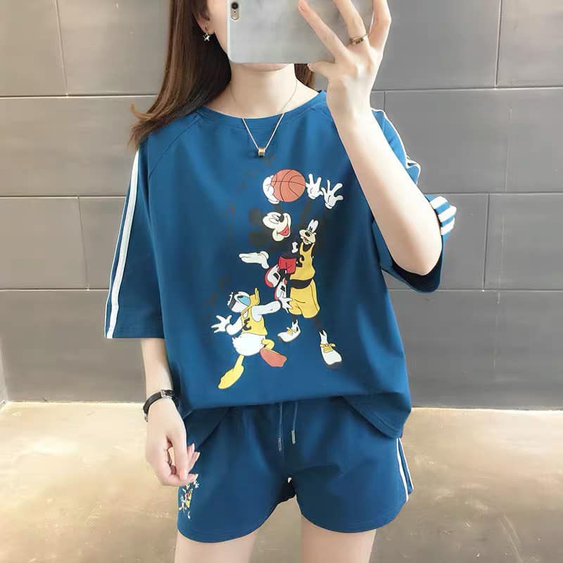 đồ bộ nữ set bộ  Mickey quần đùi phối viền sọc chất cotton 4 chiều