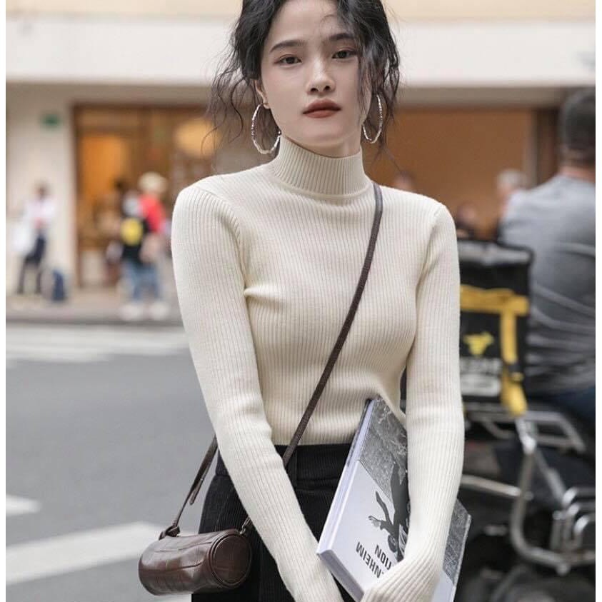 Áo len cổ THẤP 3 PHÂN  tay dài Co giãn ôm sát giữ ẤM CHO BẠN nữ HOT