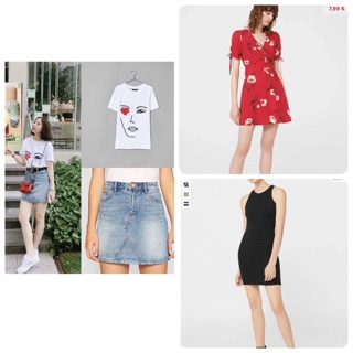 Combo váy đỏ cổ V+váy đen cổ tròn+Áo thun cổ tròn+Chân váy jean