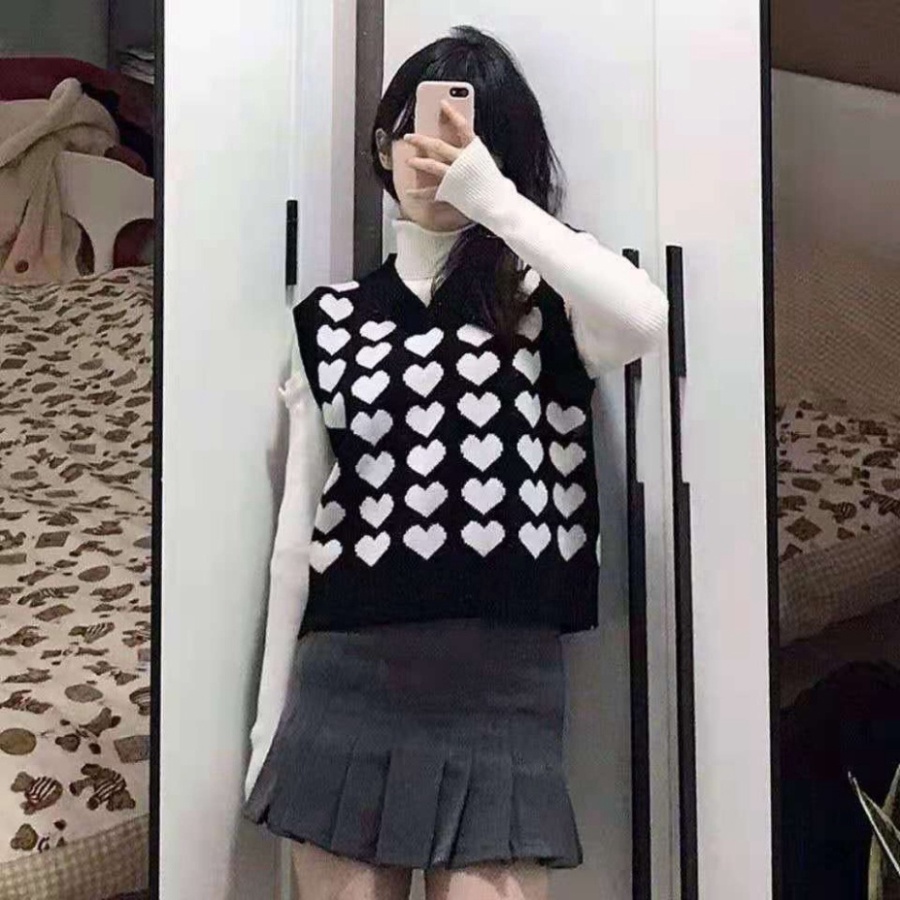 Gile Len Ulzzang Nữ Hàn Quốc, Áo Gile Len Dáng Vừa Họa Tiết Hình Trái Tim Cổ Chữ V HotTrend 2021