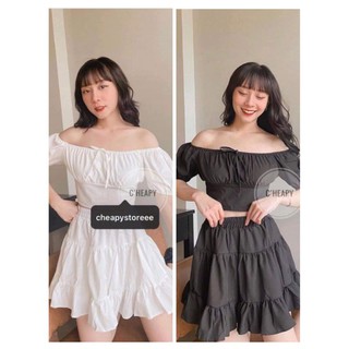 Set áo váy Croptop💖Freeship💖  Set croptop mix chân váy bánh bèo 2 màu đen trắng