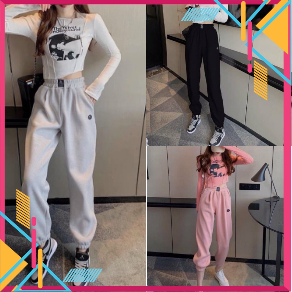 Quần Jogger Nữ Ống Boom Icon Logo Mặt Cười Dáng Rộng Ống Bo C018
