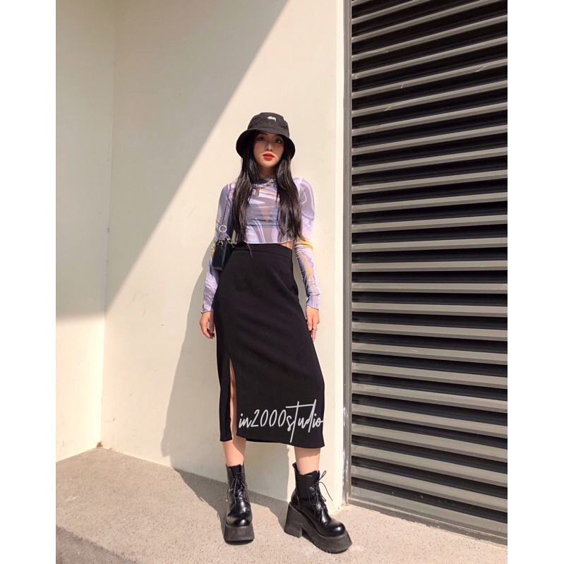 [SIZE S-M] Chân váy midi đen xẻ tà tôn dáng style ulzzang hàng sẵn | BigBuy360 - bigbuy360.vn