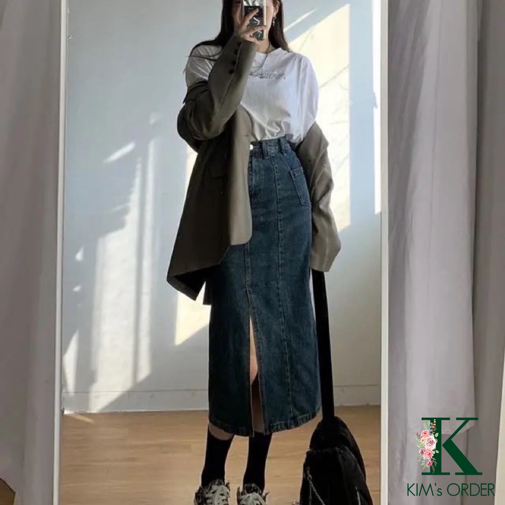 Chân váy bò Denim nữ màu xanh đậm và đen chất Jeans dáng dài xẻ tà cạp lưng cao hàng Quảng Châu phong cách Ulzzang Hàn -