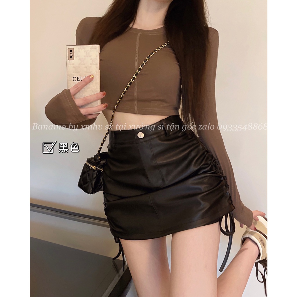 Chân váy ngắn nữ chất da mềm dây rút 2 bên cá tính màu đen nâu kem thời trang Banamo Fashion 5912